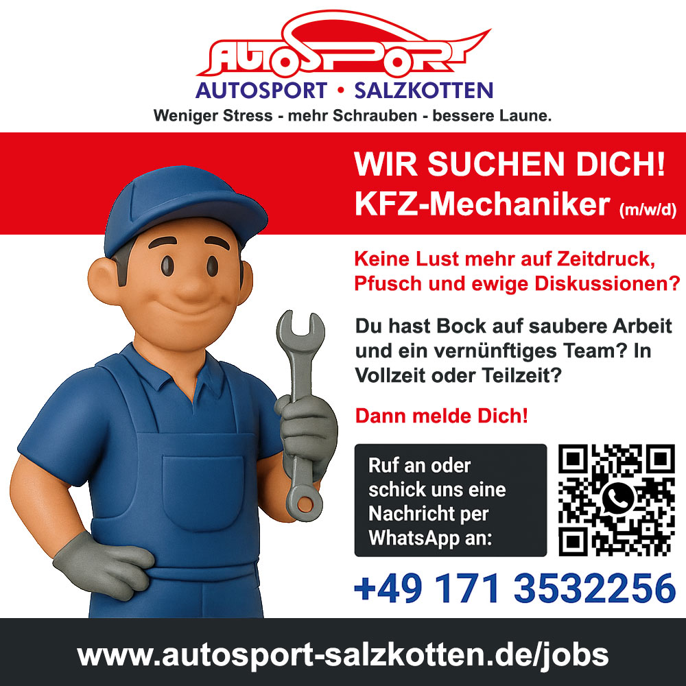 Stellenanzeige KFZ-Mechaniker (m/w/d) bei Autosport Salzkotten - Weniger Stress, mehr Schrauben, bessere Laune